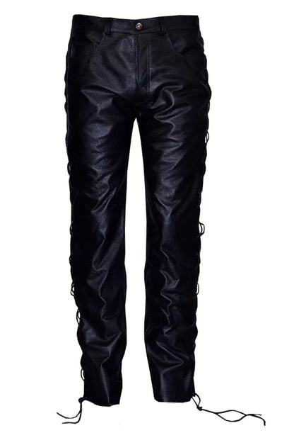 Laced leather pants real black biker pants with lace up sides for men