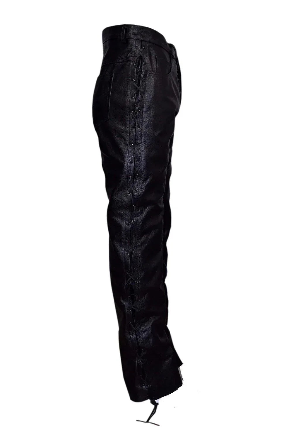 Laced leather pants real black biker pants with lace up sides for men