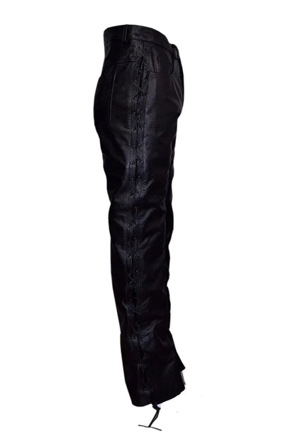 Laced leather pants real black biker pants with lace up sides for men