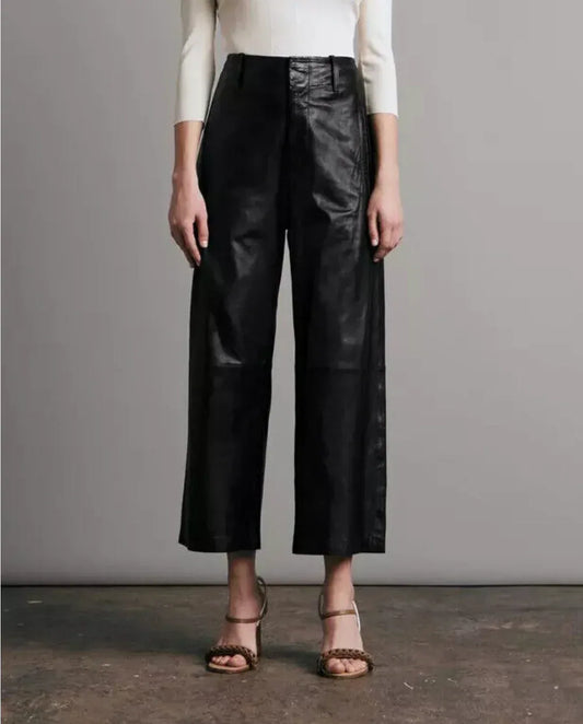 women genuine leather pants black high waist wide leg cropped
