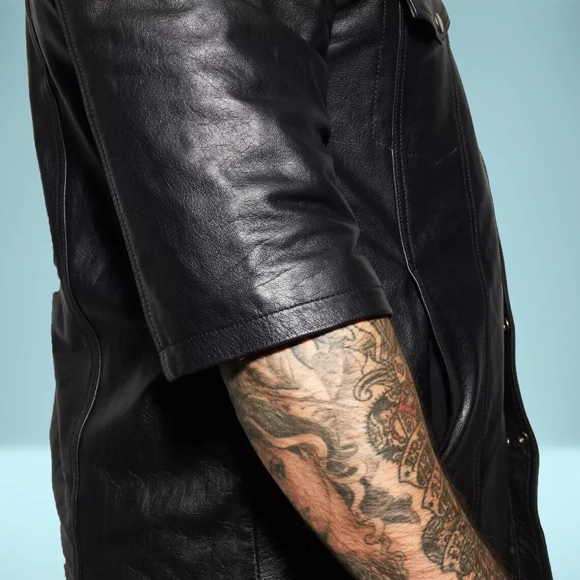 round neck collarless leather shirt men black snap cowhide