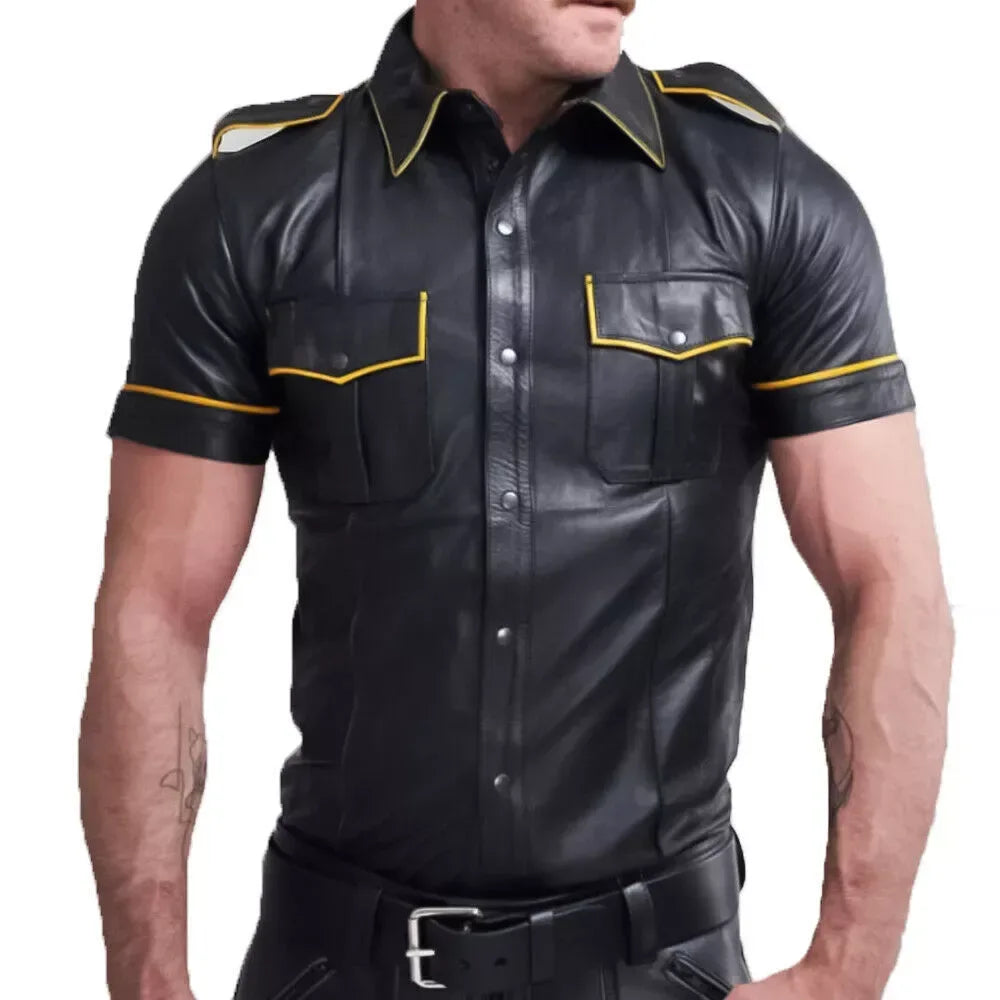 black short sleeve leather shirt mens yellow piping