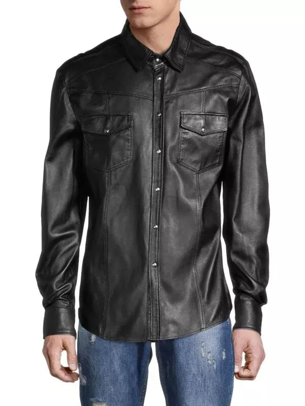 lightweight leather shirt mens snap button slim fit Black S