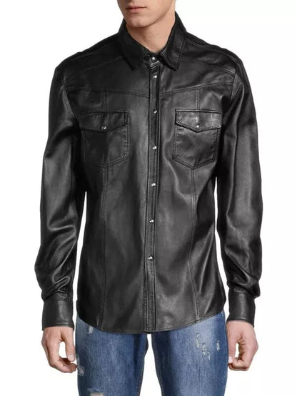 lightweight leather shirt mens snap button slim fit Black S