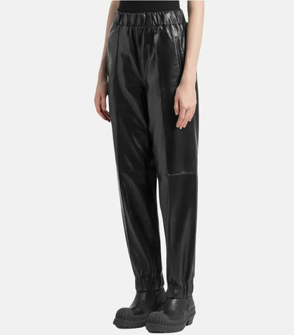 Black leather slim fit pants women high waist tapered fit