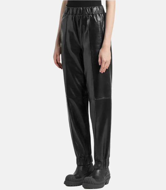 Black leather slim fit pants women with high waist tapered design