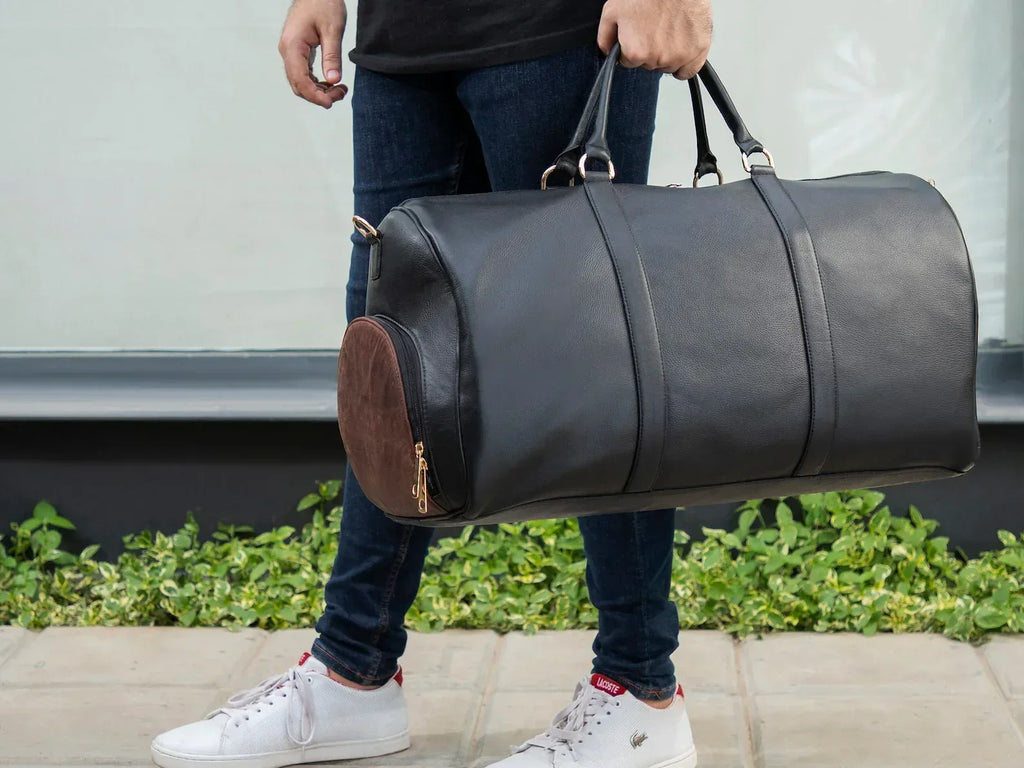 Leather Travel Bag for Men with Shoe Compartment and Barrel Shape