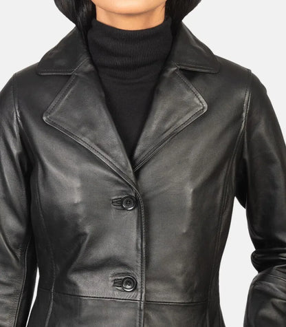 Womens Black Leather Trench Coat Long Genuine Leather Coat