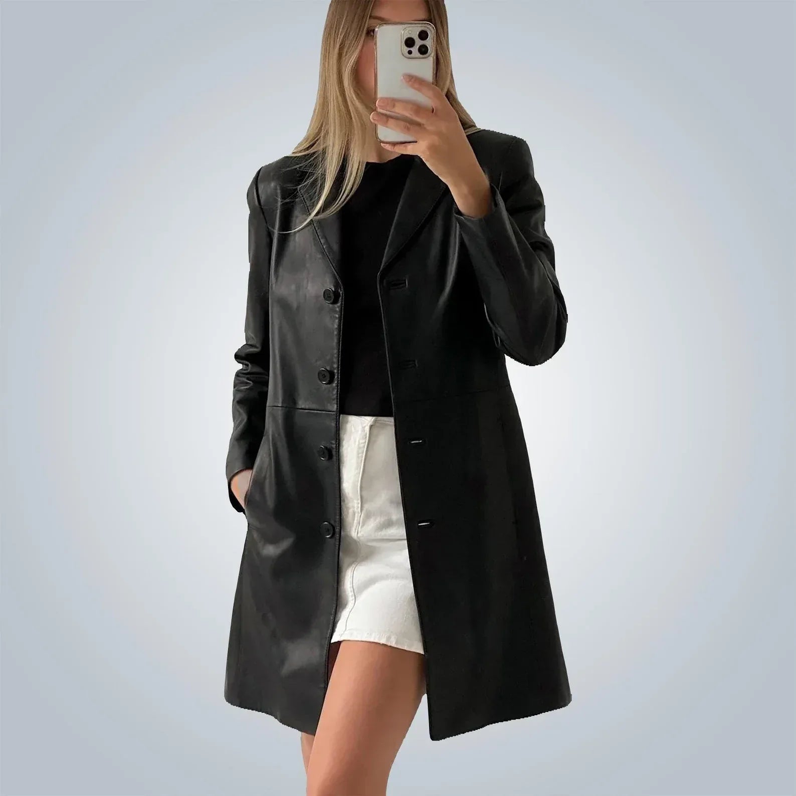 Black Leather Trench Coat Womens Mid Length Button Coat