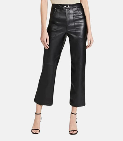 High waist leather trousers women double button black cropped