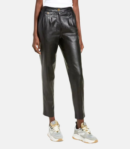 black leather trousers women straight leg real leather pants with pockets