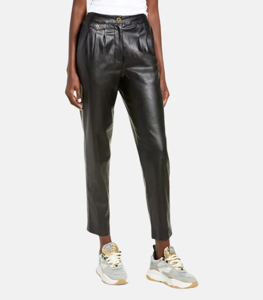 black leather trousers women with straight leg fit and smooth real leather finish for everyday styling  
