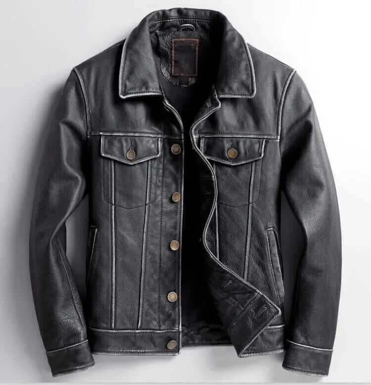 Genuine Leather Black Tucker Jacket Men’s Button Up Leather Shirt