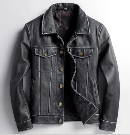 Genuine Leather Black Tucker Jacket Men’s Button Up Leather Shirt