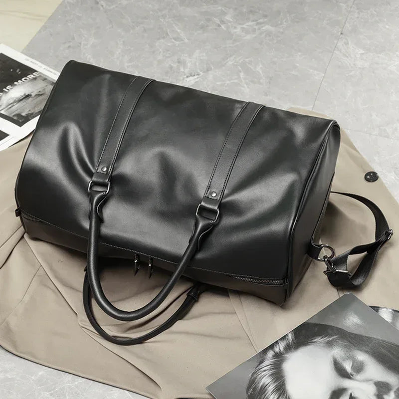Black Leather Weekender Bag for Men Carry On