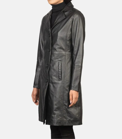 Womens Black Leather Trench Coat Long Genuine Leather Coat