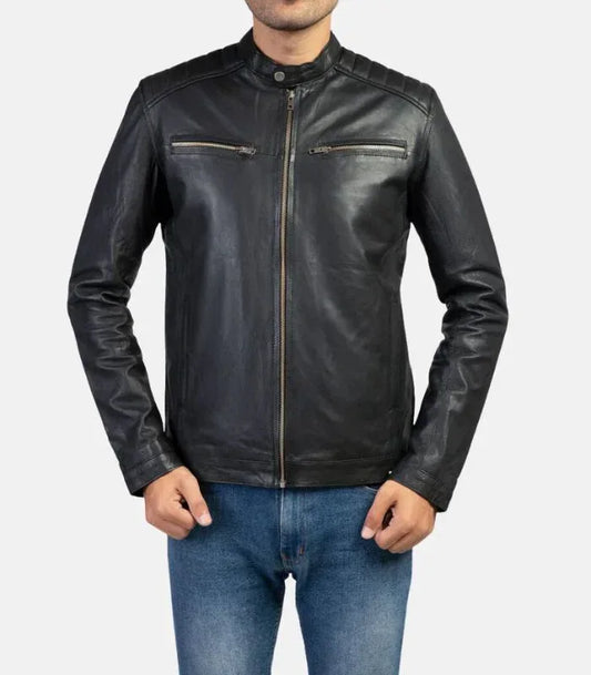 smooth leather biker jacket with front zipper and structured fit
