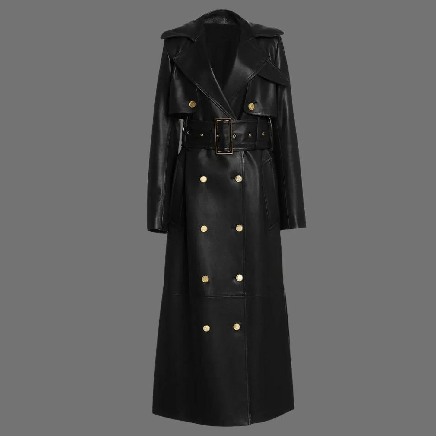 Black Leather Trench Coat Womens Long Belted Double Breasted