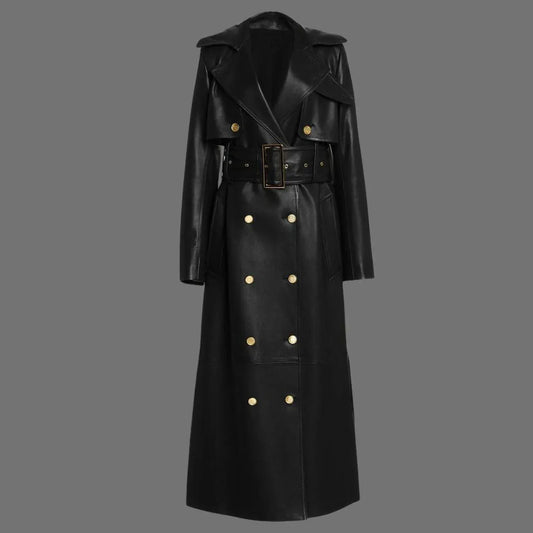 Black Leather Trench Coat Womens Long Belted Double Breasted