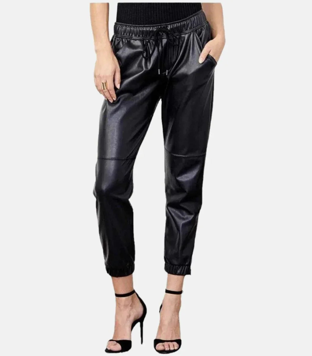 women genuine leather pants black slim fit ankle trousers