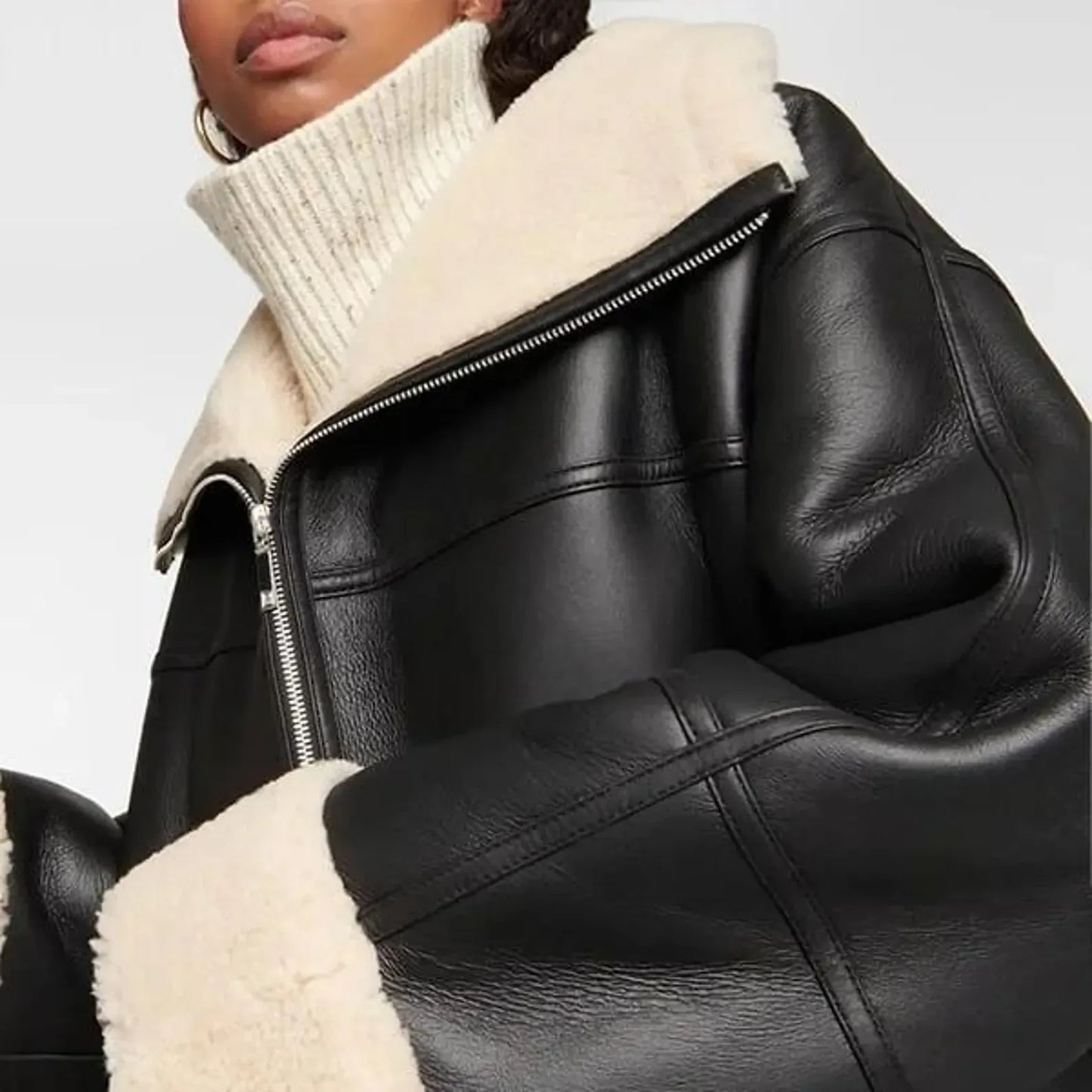 Leather Fur Trench Coat Womens Black Shearling Long Coat