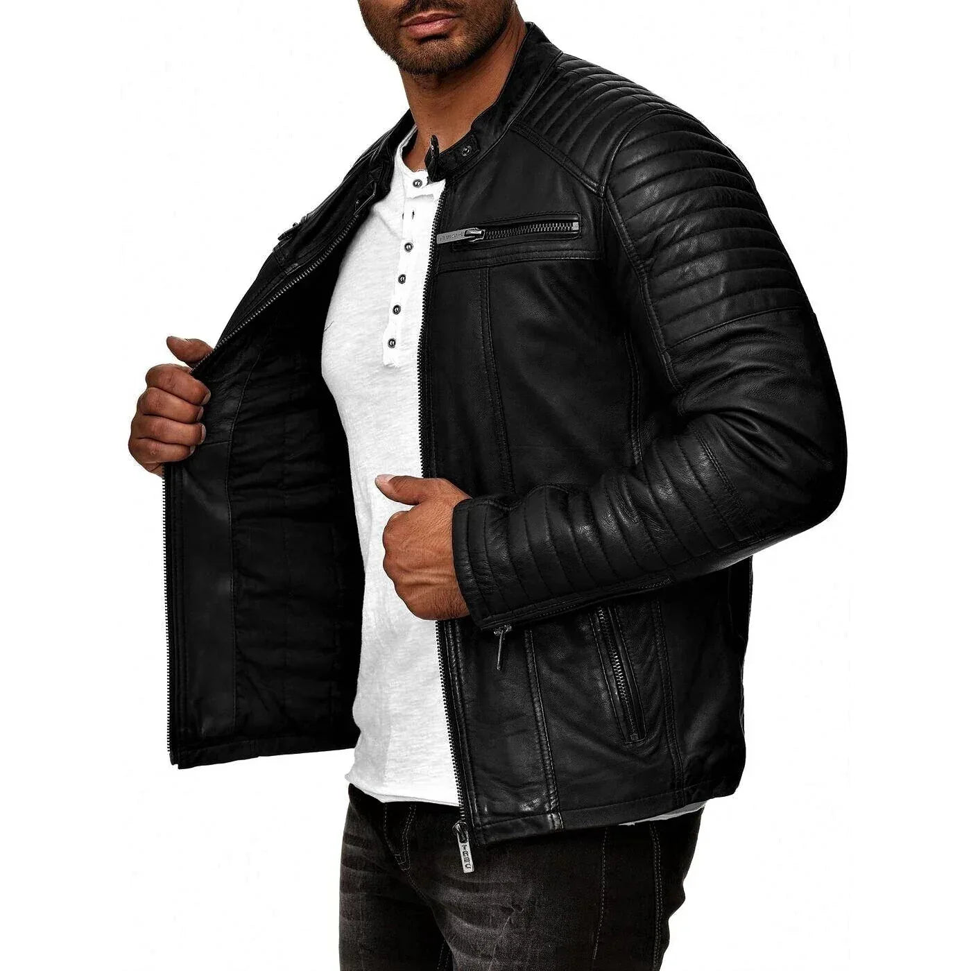 Men's Black Leather Motorcycle Jacket Racer Style