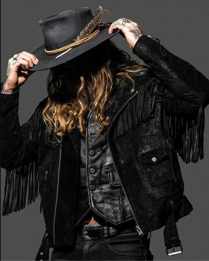 Black Suede Fringe Jacket Mens Western Biker Fringe Jacket