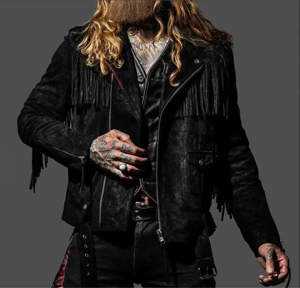 Black Suede Fringe Jacket Mens Western Biker Fringe Jacket