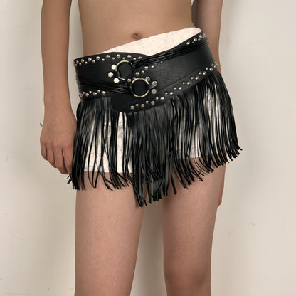 Women black fringe belt skirt high waist studded faux leather wrap