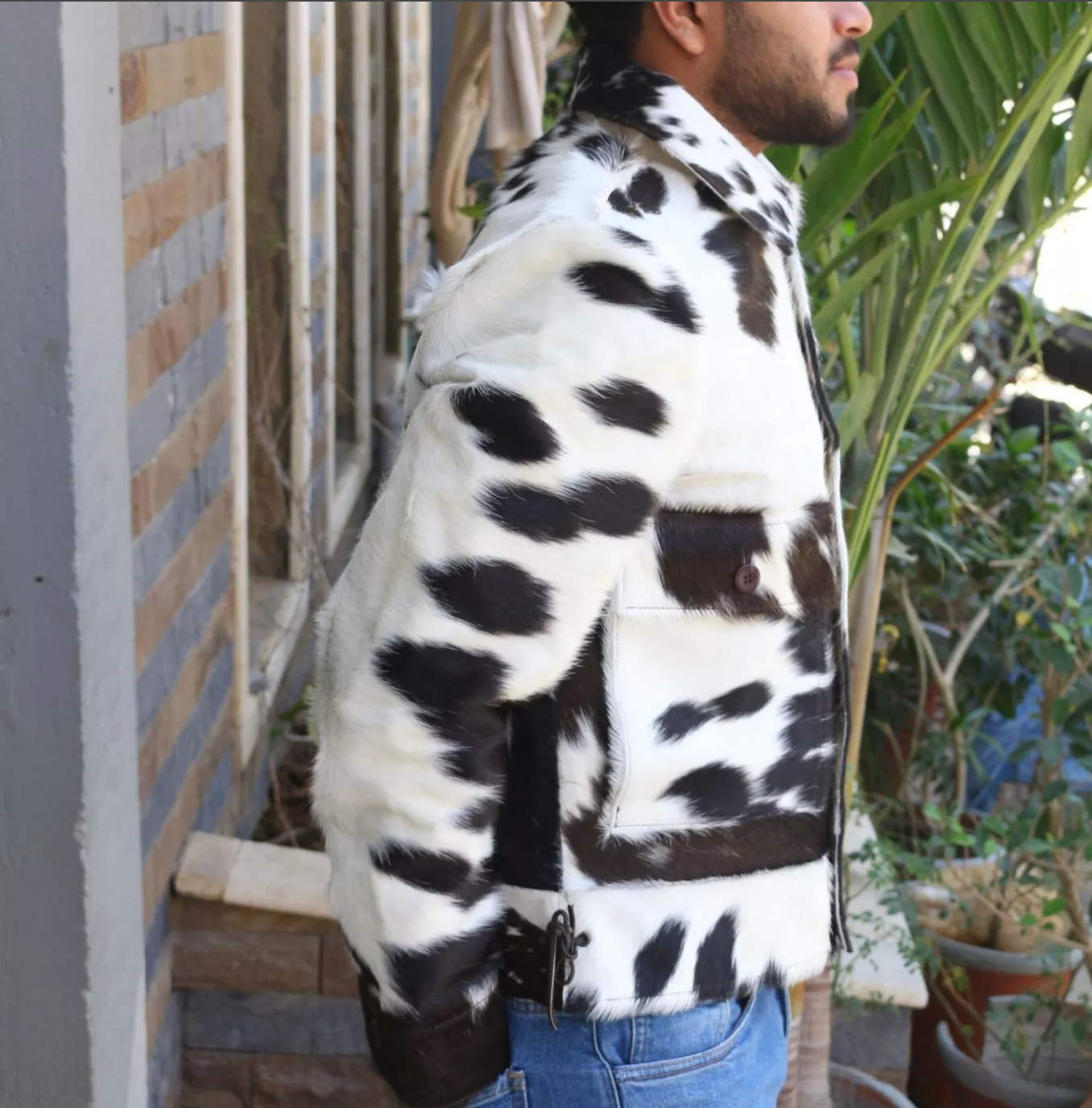 Authentic cowhide jacket mens version in natural cow print pattern. Designed for casual layering or event-ready Western wear with structured cut.


