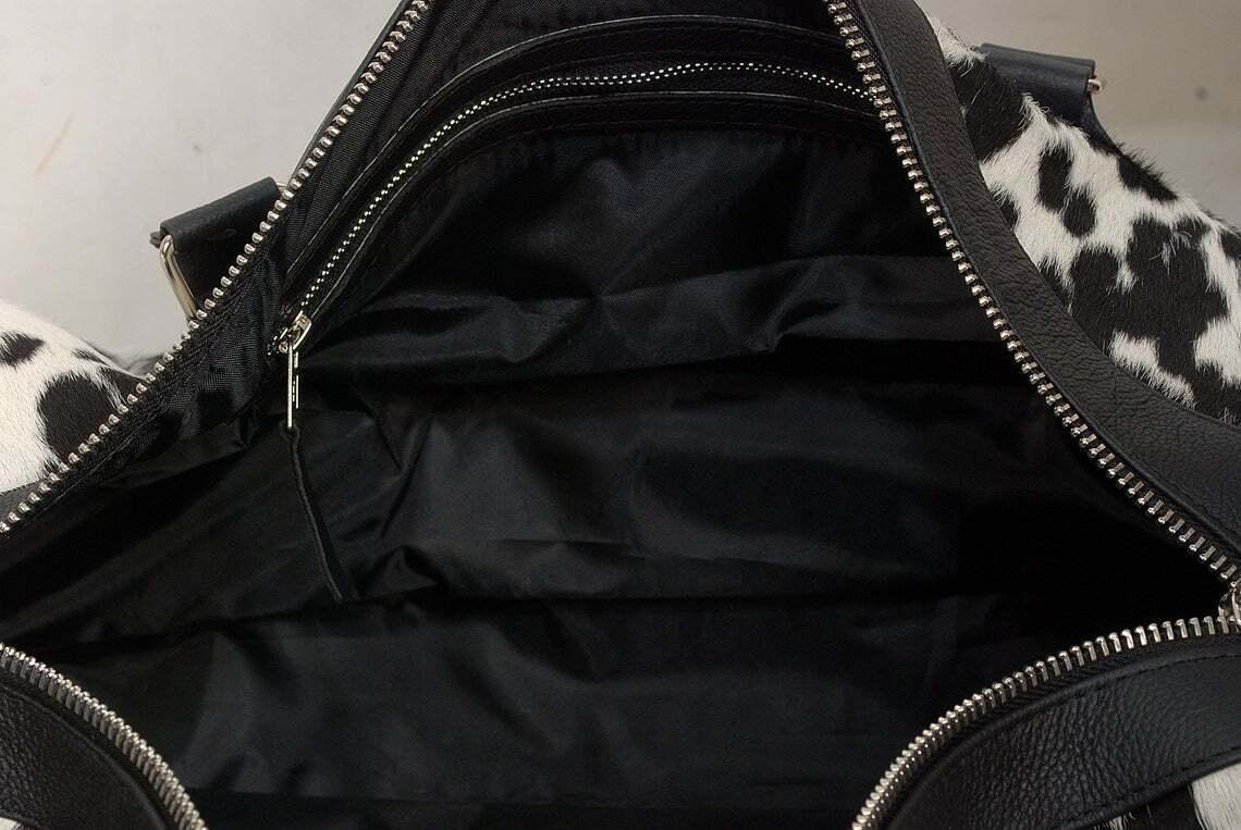 cowhide duffle bag black white hair on travel bag