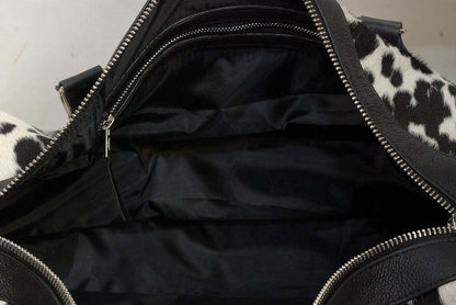 cowhide duffle bag black white hair on travel bag