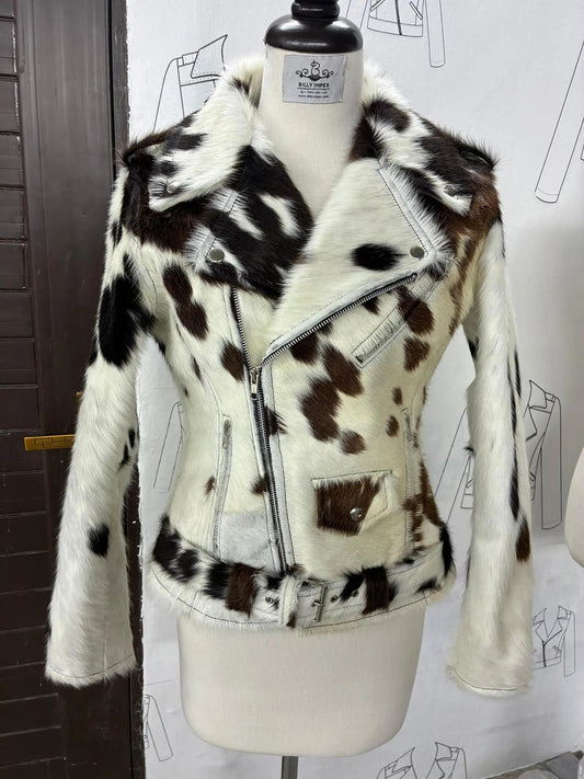 Tricolor cow skin coat for women made from authentic cowhide. This cow print jacket women need for everyday style with edge and comfort.

