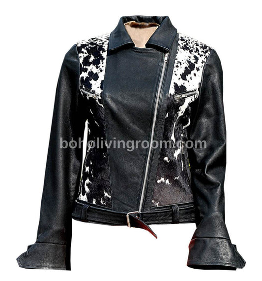 Real cowhide jacket for women with bold black and white cow print. Hair-on-hide leather with modern zip and belt details.

