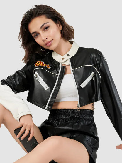 Black and White Faux Leather Jacket Women Cropped Biker Style
