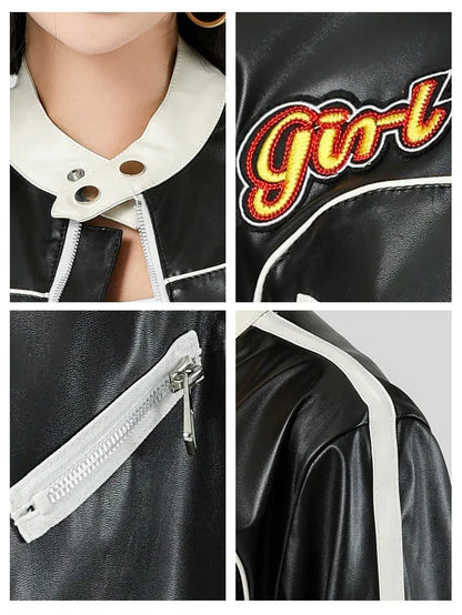 Black and White Faux Leather Jacket Women Cropped Biker Style