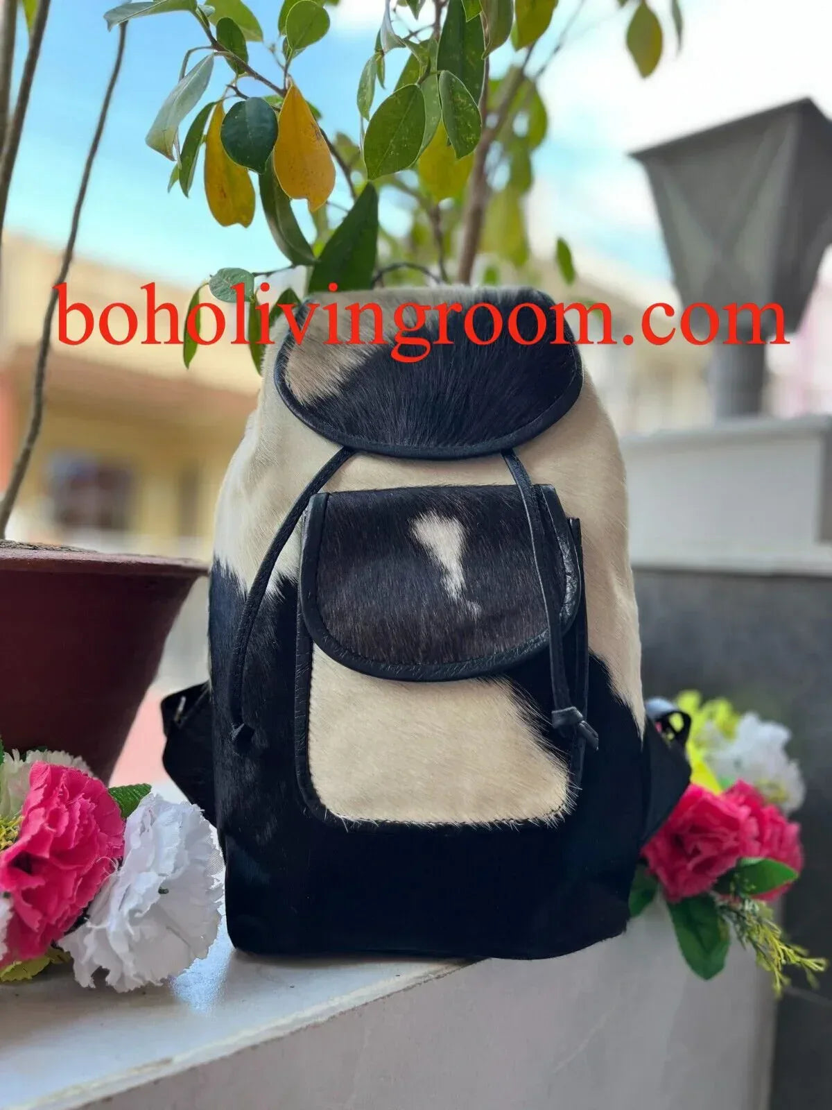 cowhide backpack black white drawstring leather bag