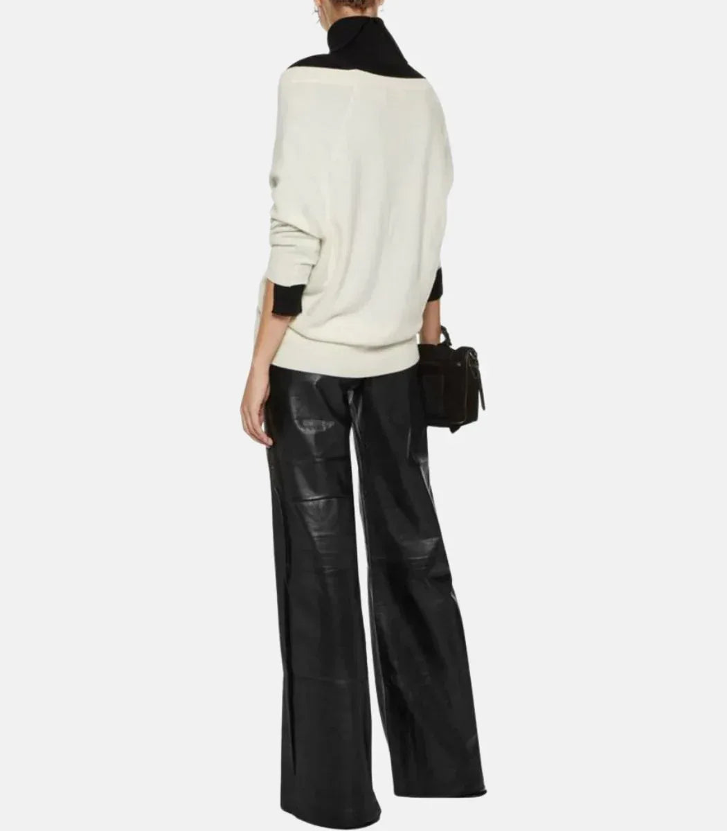 black leather baggy pants women wide leg real leather trousers