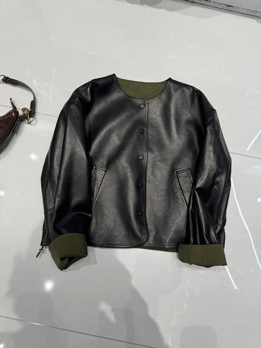 women leather jacket with round neck snap buttons