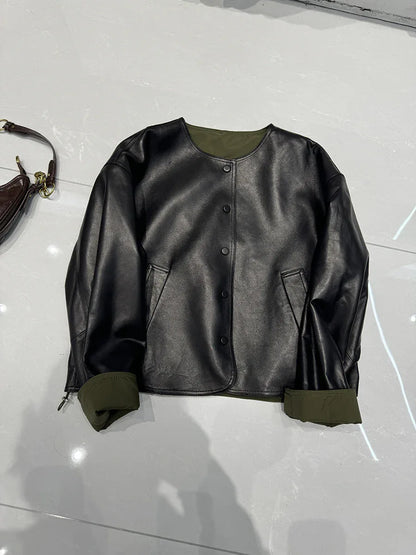 women leather jacket with round neck snap buttons
