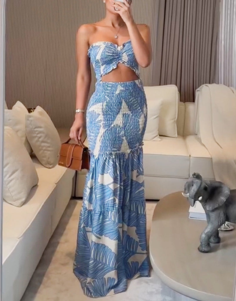 Women Long Summer Dress Printed Strapless Maxi
