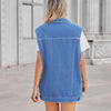 Aztec Pattern Blue Denim Vest Women’s Loose Fit With Collar