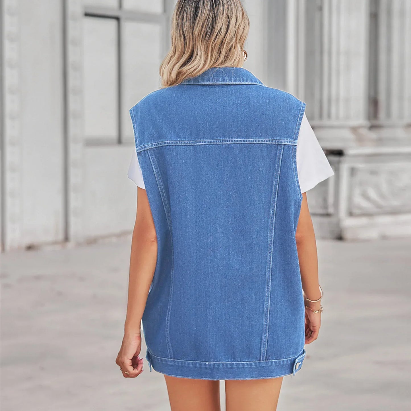 Aztec Pattern Blue Denim Vest Women’s Loose Fit With Collar