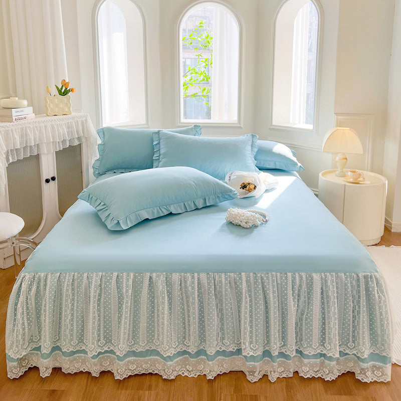 Lace Fitted Sheet with Ruffled Bed Skirt and Pillowcase