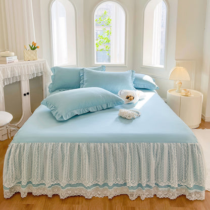 Lace Fitted Sheet with Ruffled Bed Skirt and Pillowcase
