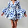 Blue floral layered puff sleeve mini dress
