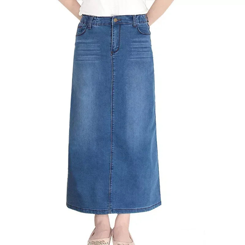 Blue High Waist Maxi Denim Skirt Without Slit