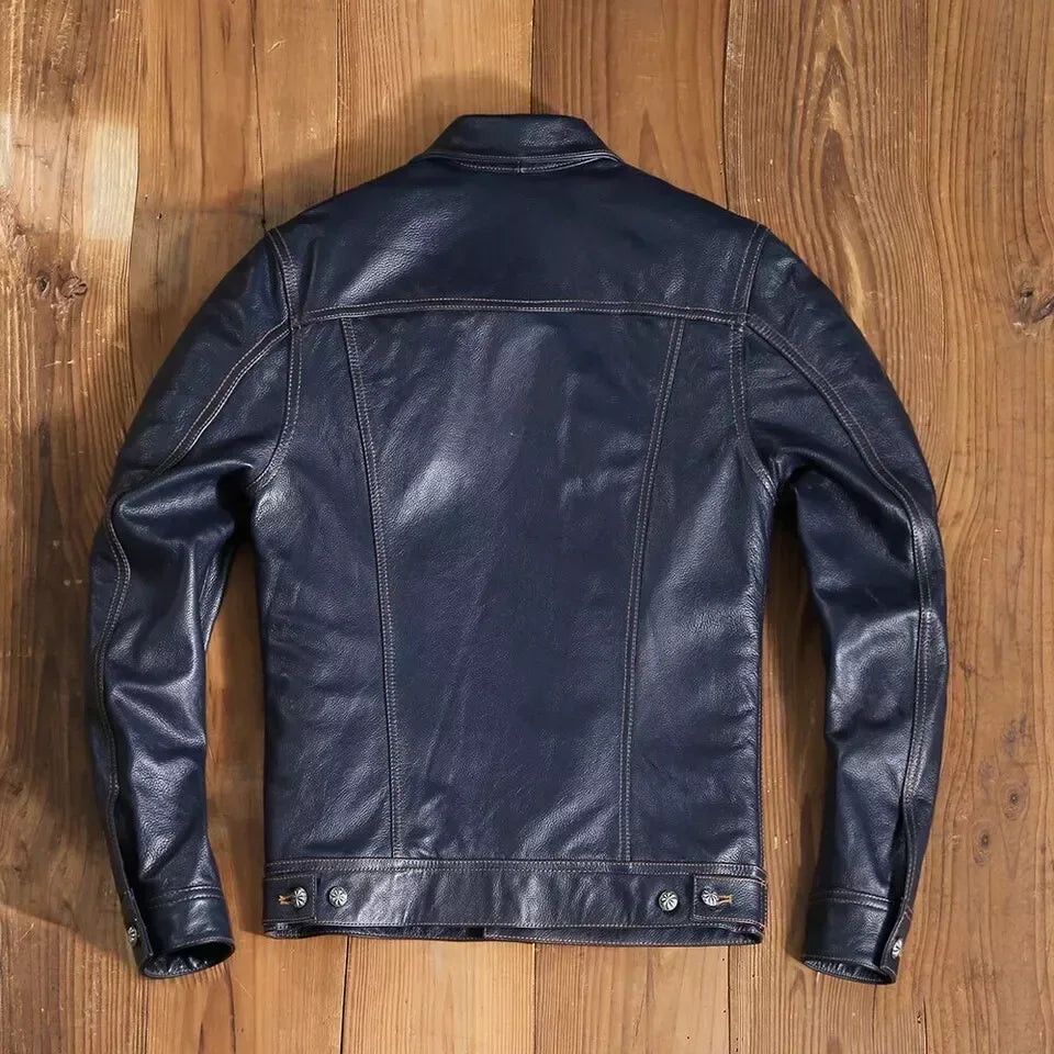 mens leather trucker jacket blue cowhide classic fit snap