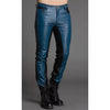 Blue leather pants mens slim fit two tone trouser