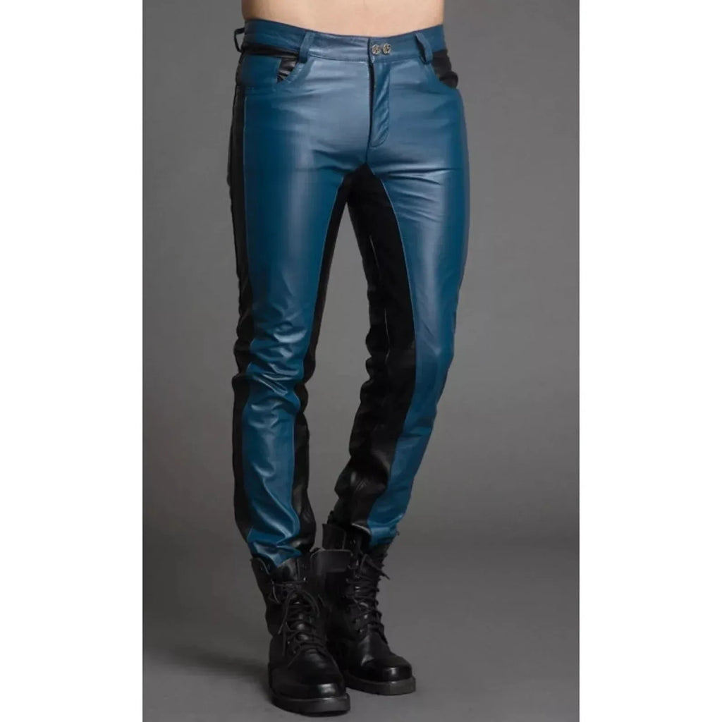Blue leather pants mens slim fit two tone trouser